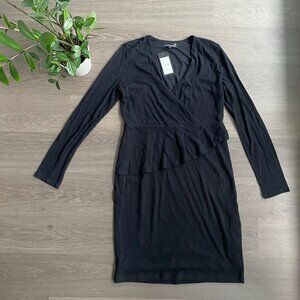 NWT Laura Petites Wool V-Neck Midi Dress with Long Sleeves & Waist Ruffle